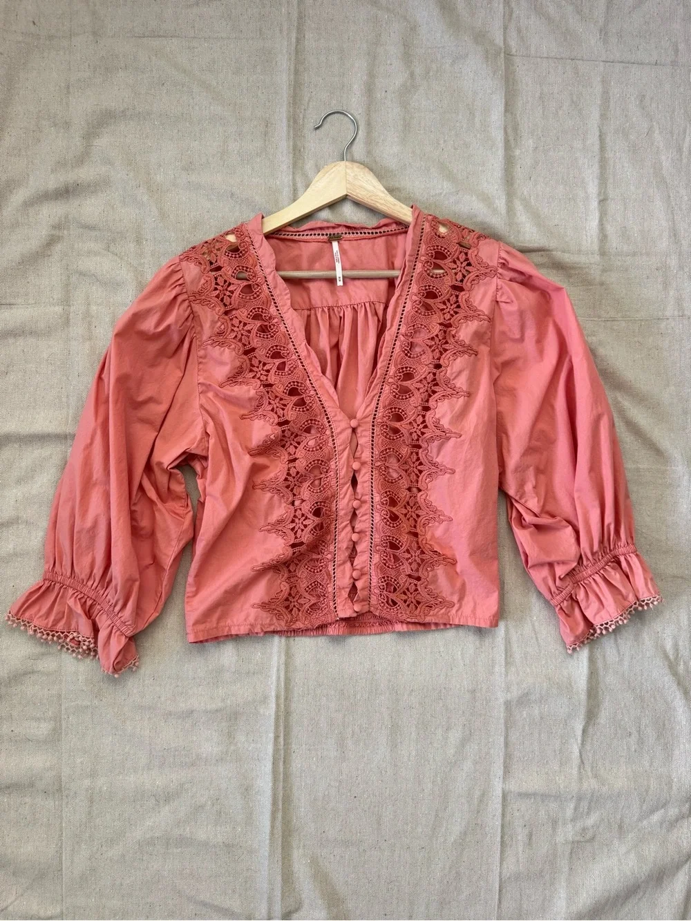 Free People Rose Pink Embroidered Button-Up Blouse